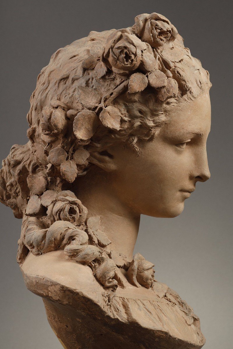 Bust Of A Young Girl With Roses - Albert-ernest Carrier-belleuse (1824-1887)-photo-1