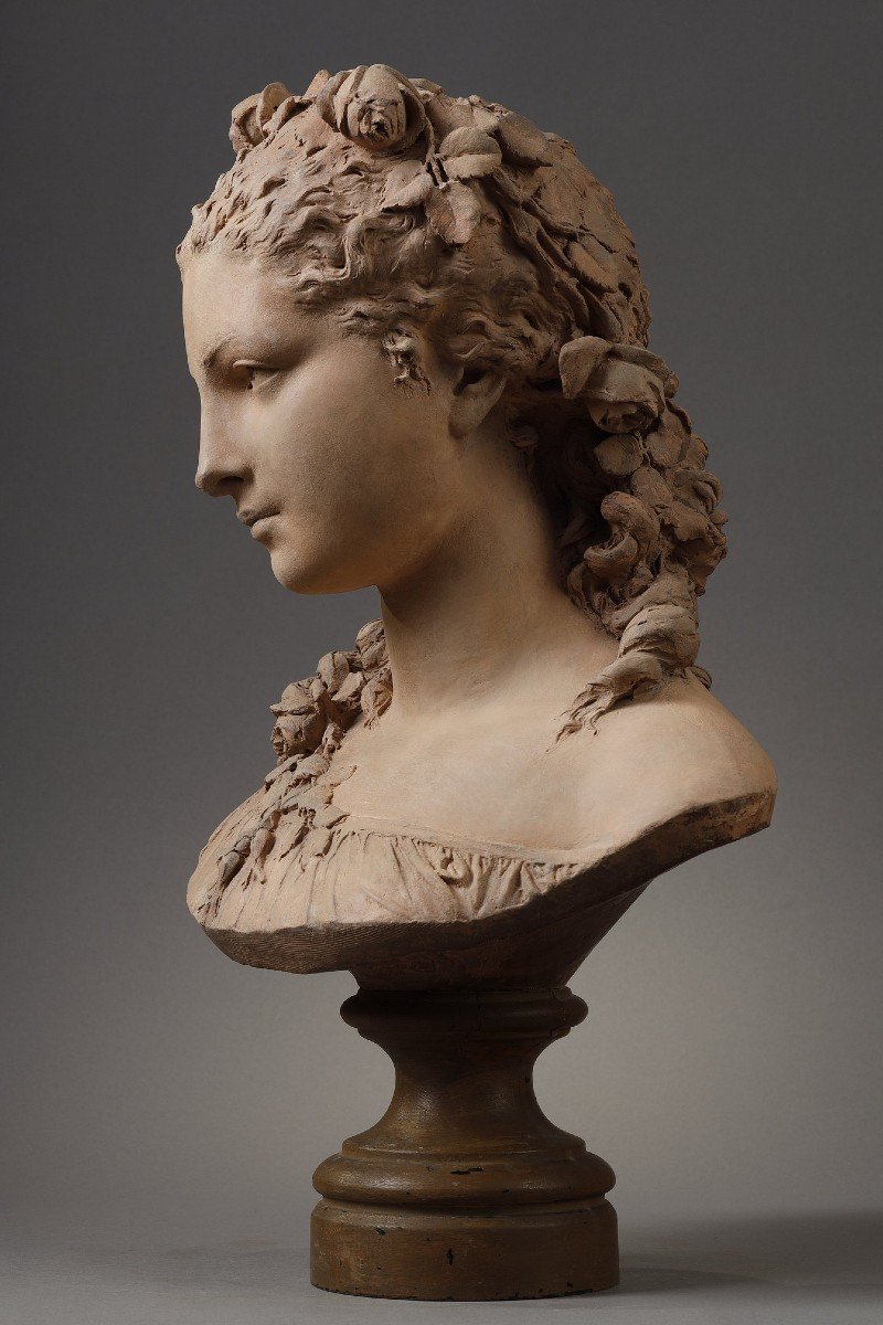 Bust Of A Young Girl With Roses - Albert-ernest Carrier-belleuse (1824-1887)-photo-5