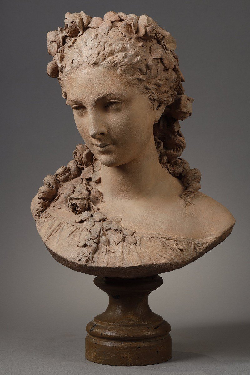 Bust Of A Young Girl With Roses - Albert-ernest Carrier-belleuse (1824-1887)-photo-6