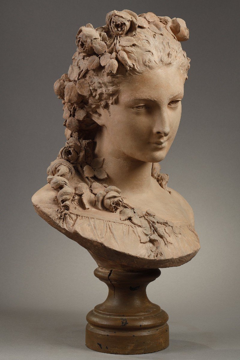 Bust Of A Young Girl With Roses - Albert-ernest Carrier-belleuse (1824-1887)