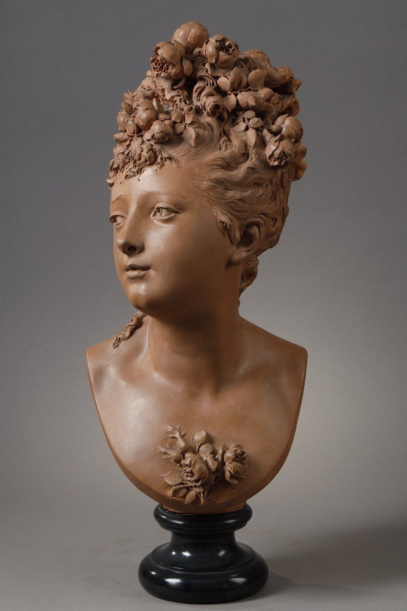 Bust Of A Young Woman With Roses - Albert-ernest Carrier-belleuse (1824-1887)-photo-4