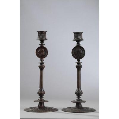 Pair Of Candlesticks - Antoine-louis Barye (1796-1875)