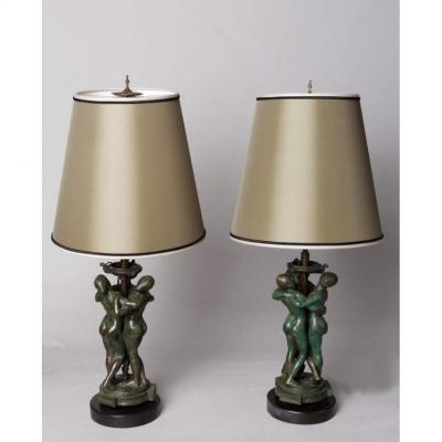 Pair Of Lamps The Graces - Antoine-louis Barye (1796-1875)