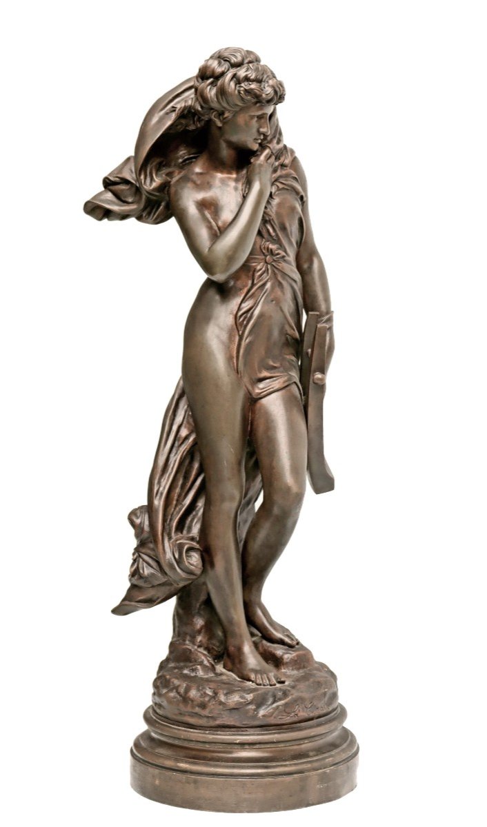 Maximilien BOURGEOIS (1839-1901) Grand Bronze Femme a la Lyre H:75 cm-photo-3