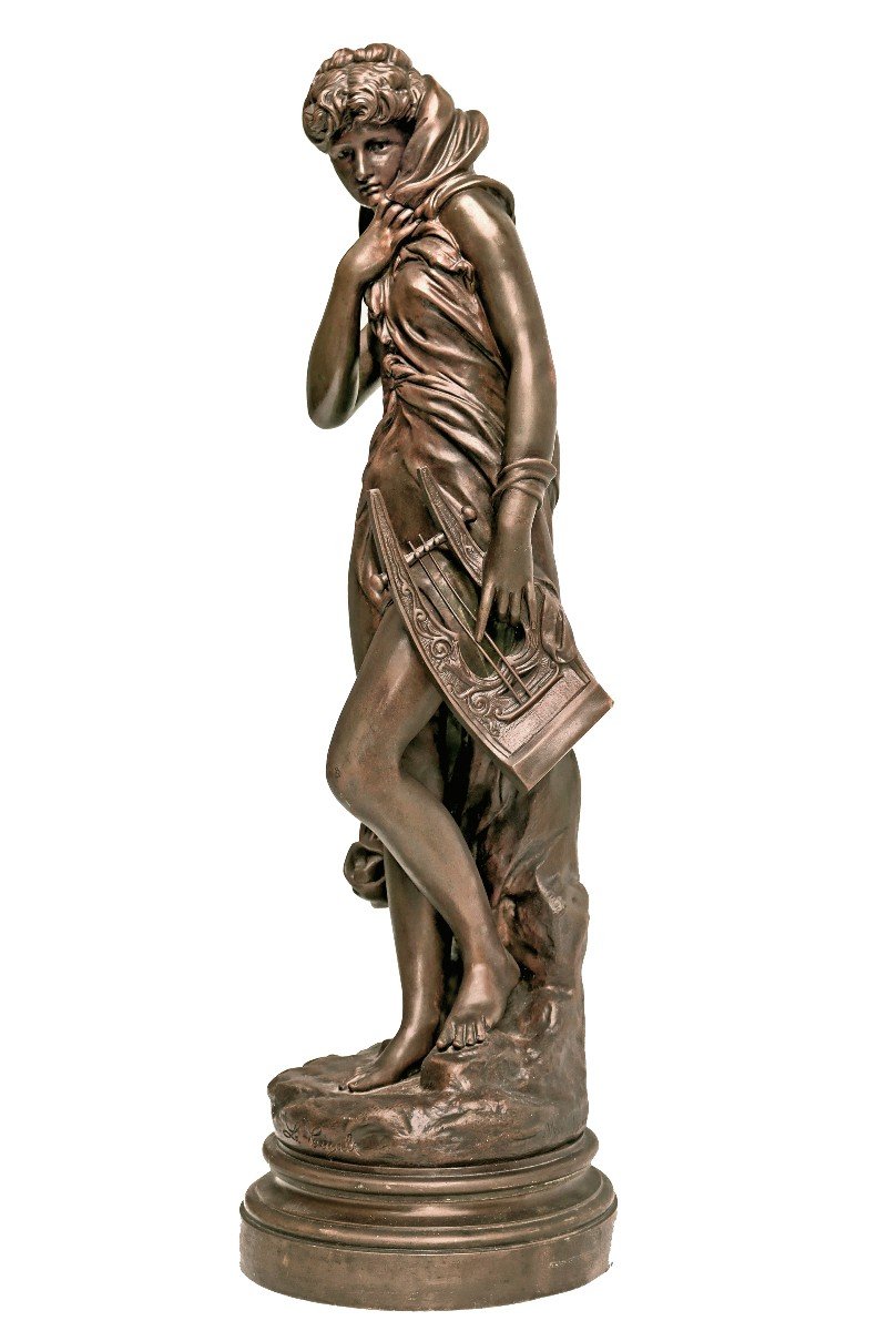 Maximilien BOURGEOIS (1839-1901) Grand Bronze Femme a la Lyre H:75 cm-photo-4