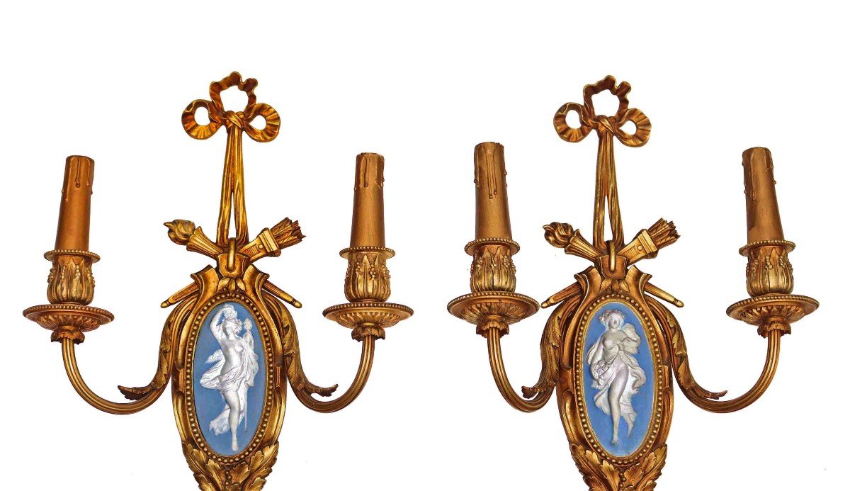 Pair Of Napoleon III Bronze & Porcelain Sconces-photo-3