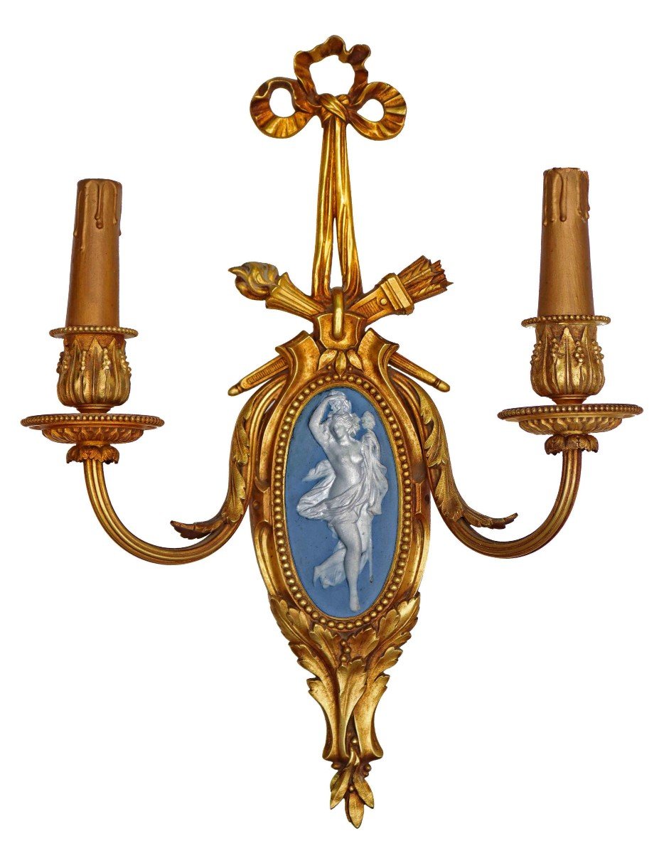 Pair Of Napoleon III Bronze & Porcelain Sconces-photo-1