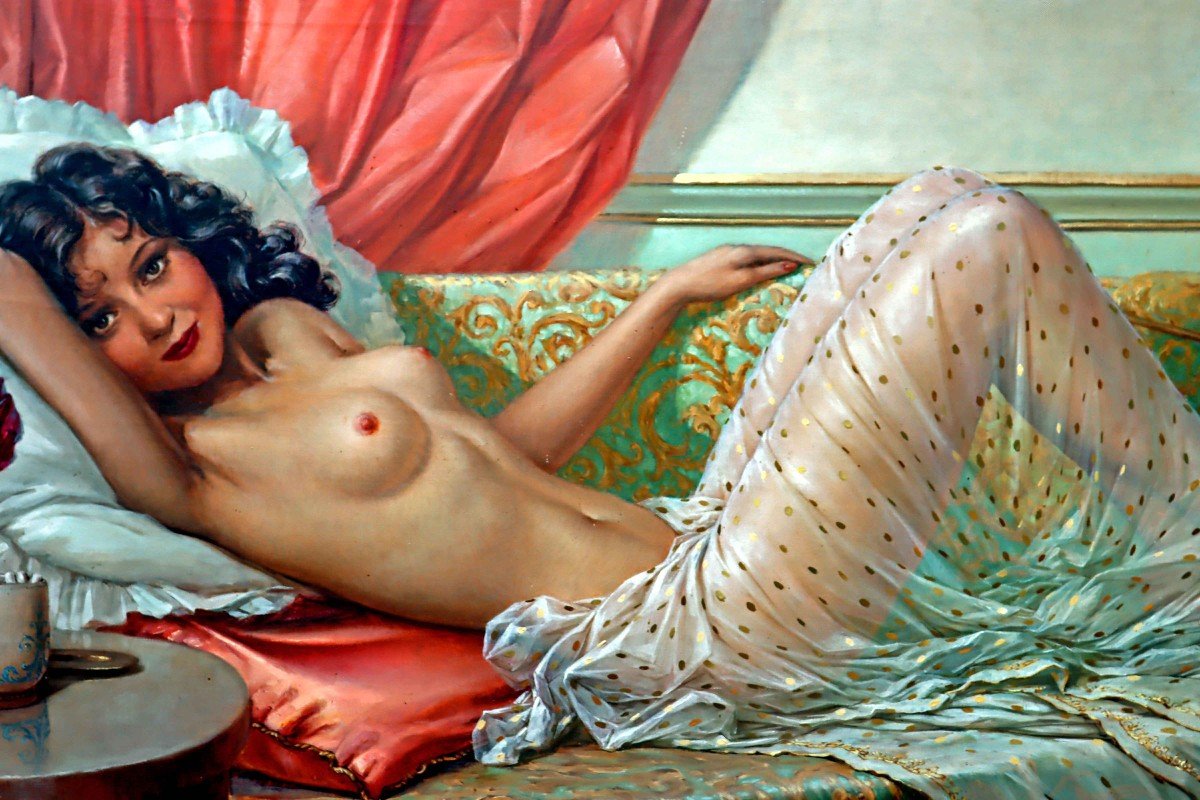 André David (19th-20th Century) Very Large Painting "reclining Nude"-photo-2