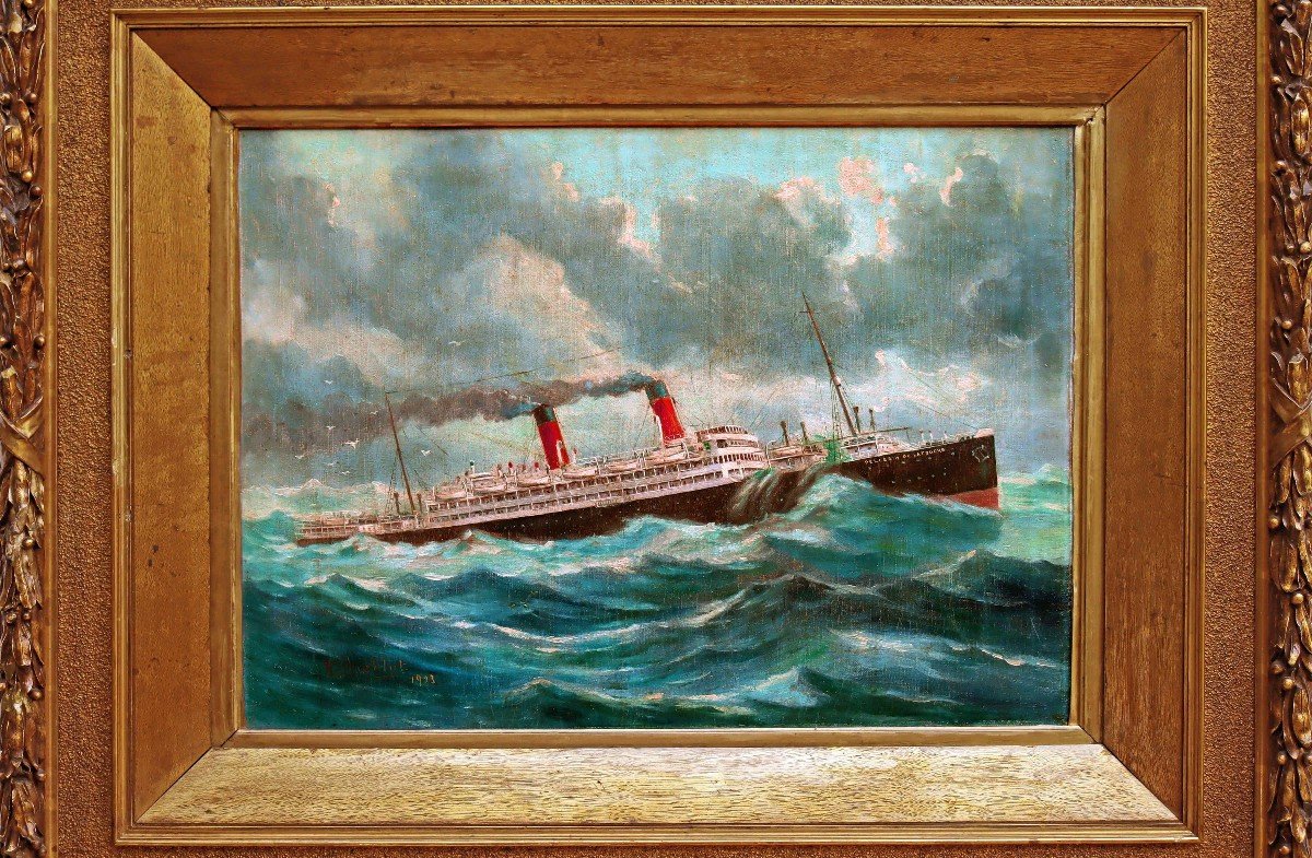 Transatlantic Liner 1923 By Eugène Hiéblot (1886-1953) Official Painter Of The Navy-photo-2