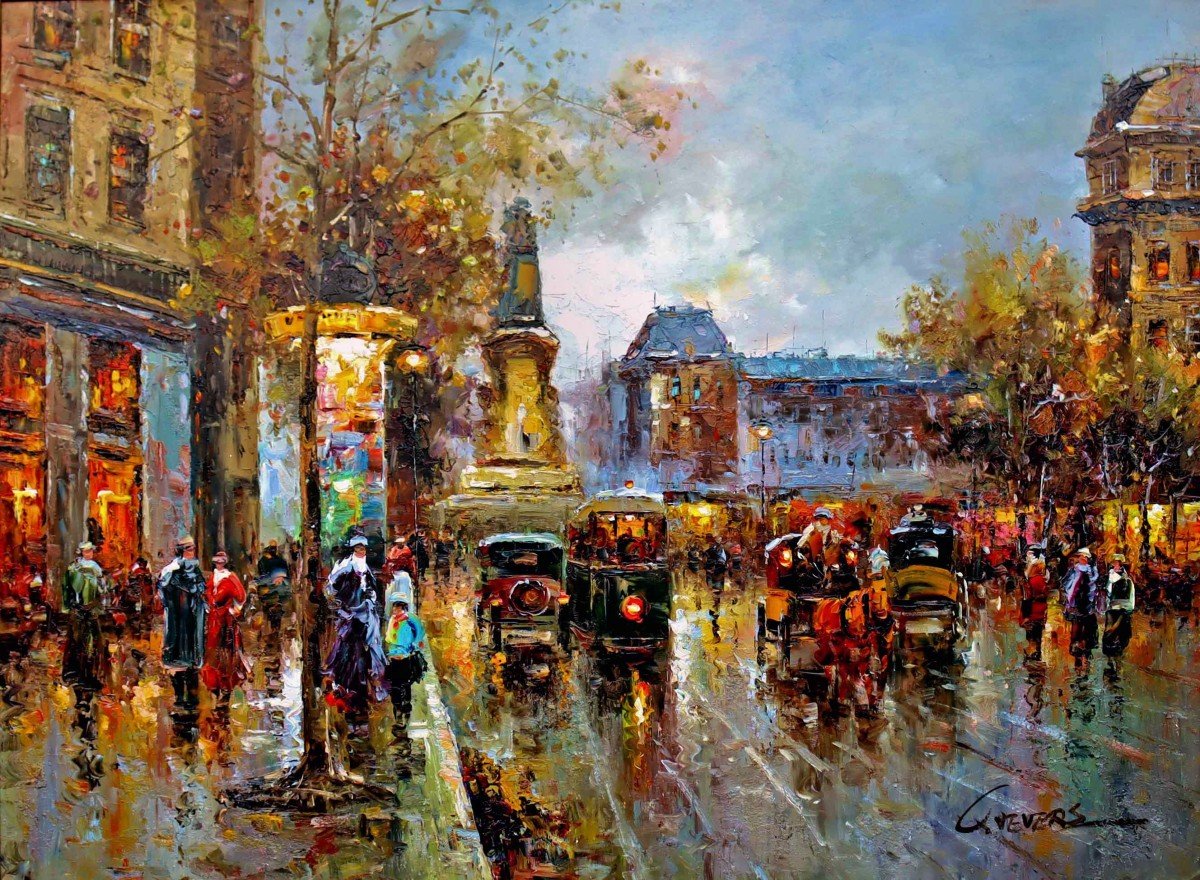 Christof Vevers (1962) Paris Boulevard Animated - Very Large Oil On Canvas --photo-2