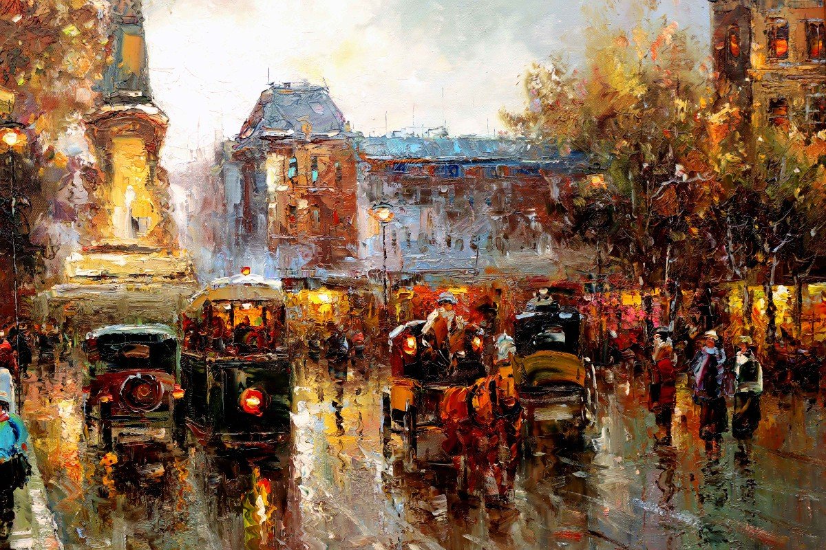 Christof Vevers (1962) Paris Boulevard Animated - Very Large Oil On Canvas --photo-3