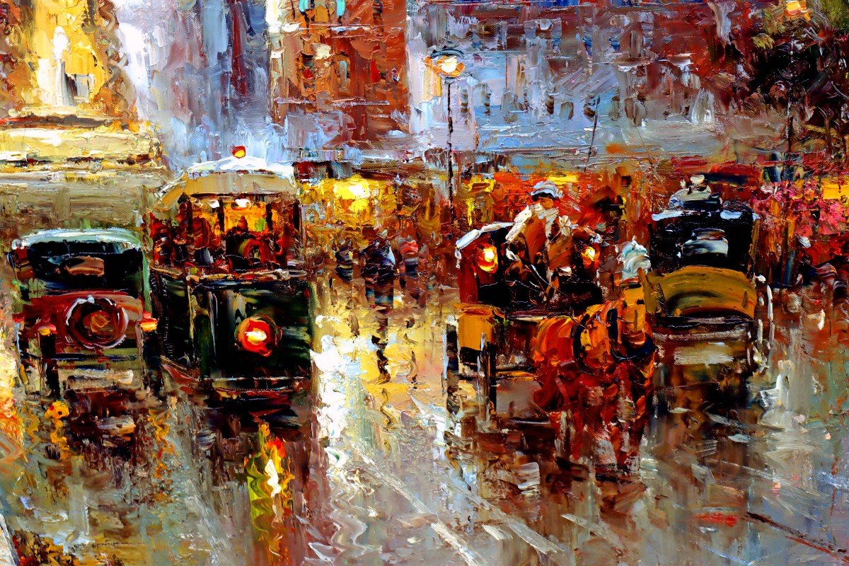 Christof Vevers (1962) Paris Boulevard Animated - Very Large Oil On Canvas --photo-3