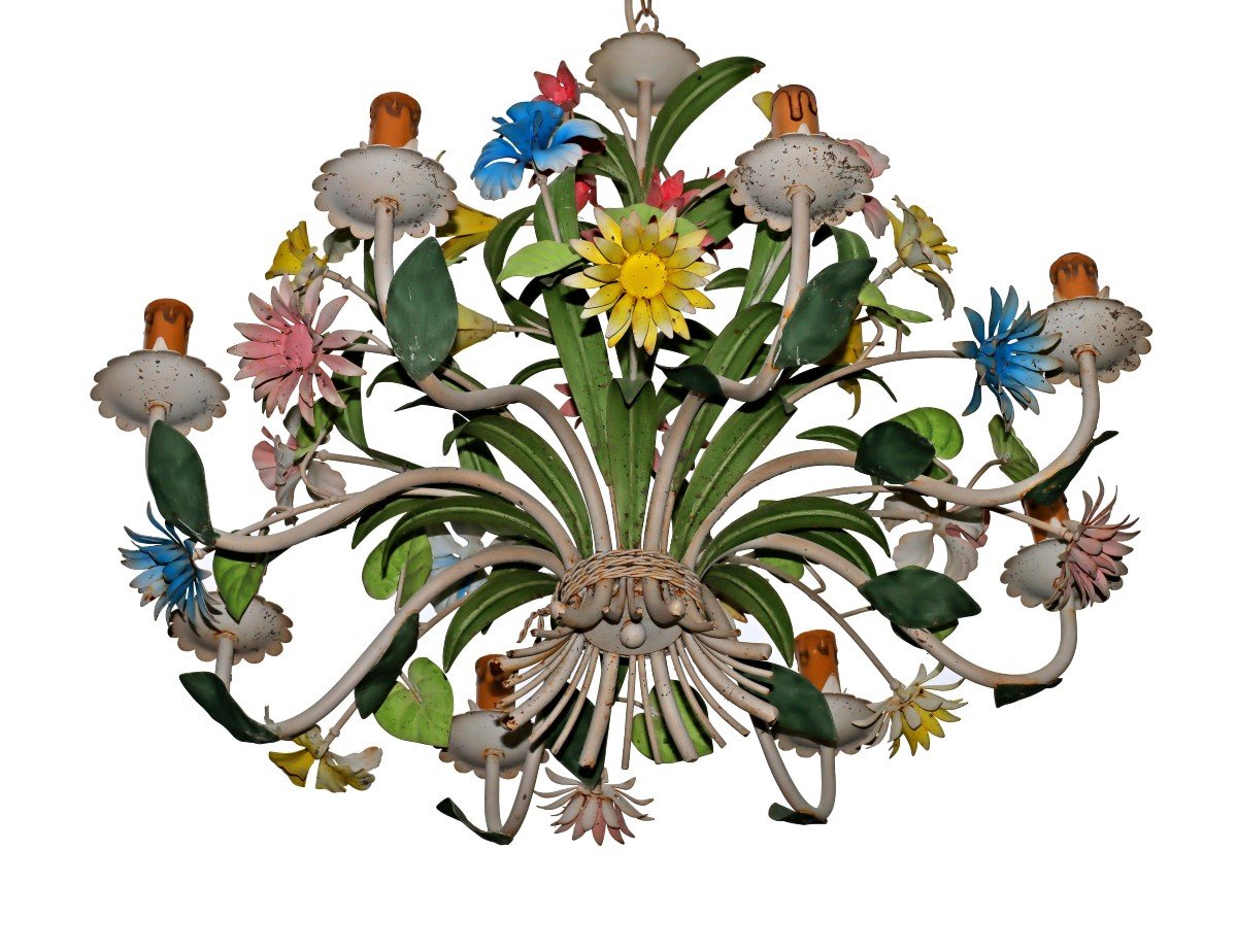 Large Flower Chandelier In Painted Ironwork Circa 1950-60-photo-1