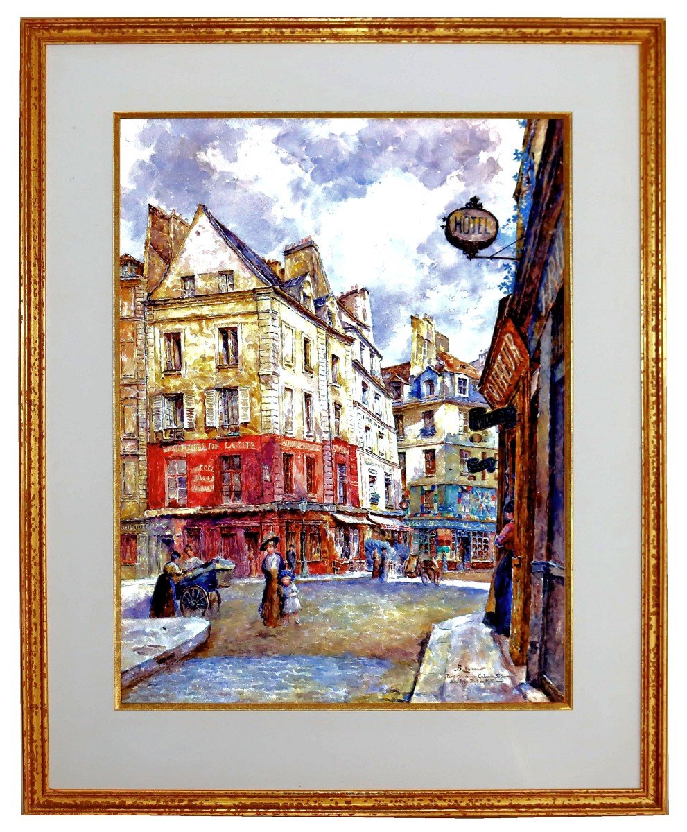 Bugnicourt (1868-1936) Large Watercolor Paris Busy Street In 1910-photo-2