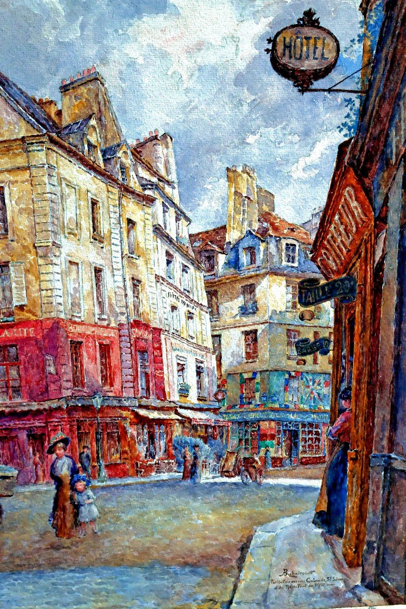 Bugnicourt (1868-1936) Large Watercolor Paris Busy Street In 1910-photo-4