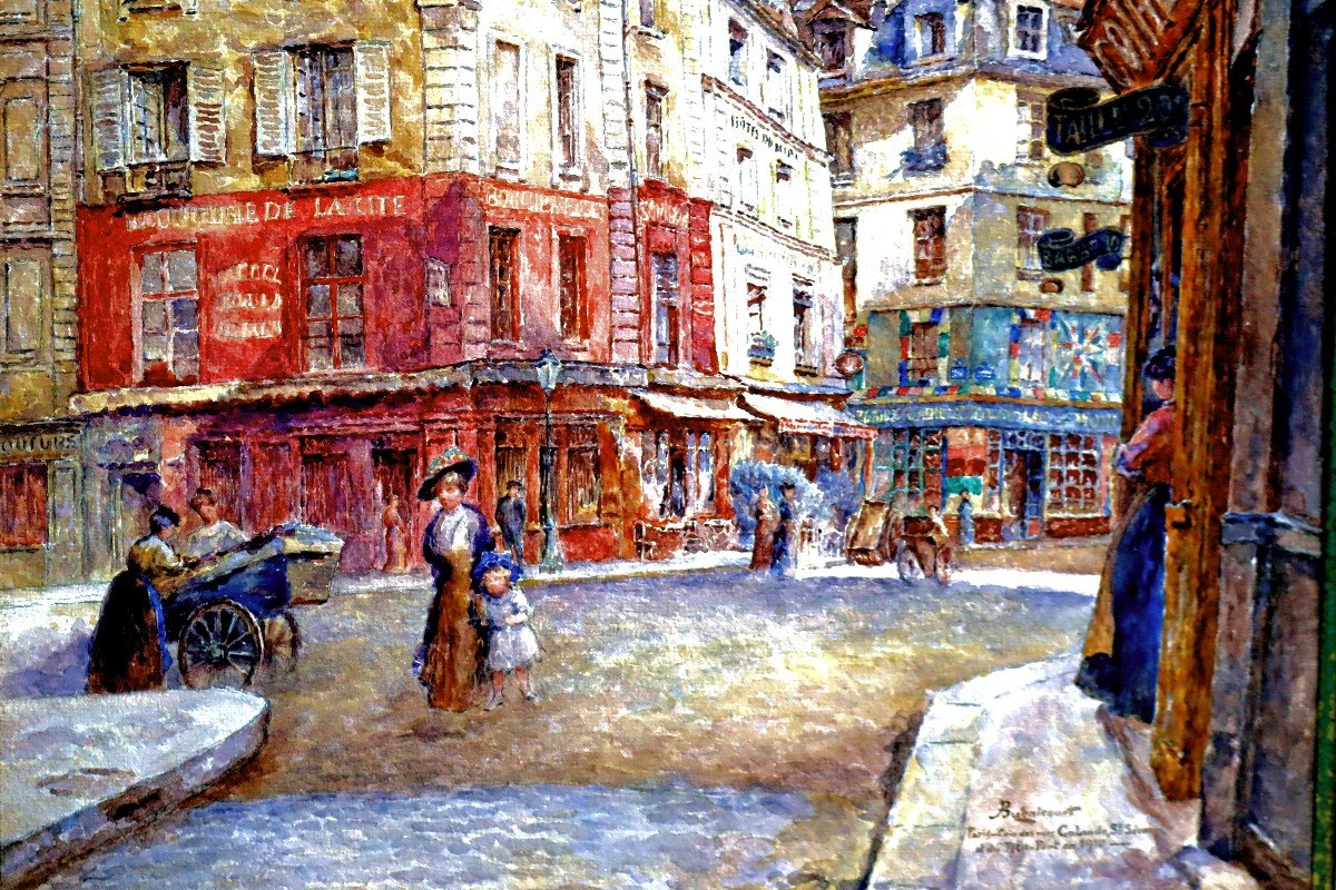 Bugnicourt (1868-1936) Large Watercolor Paris Busy Street In 1910-photo-1