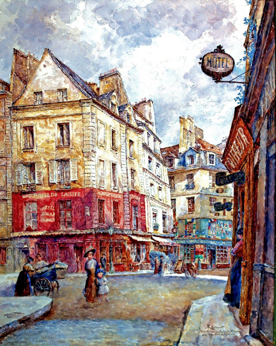 Bugnicourt (1868-1936) Large Watercolor Paris Busy Street In 1910