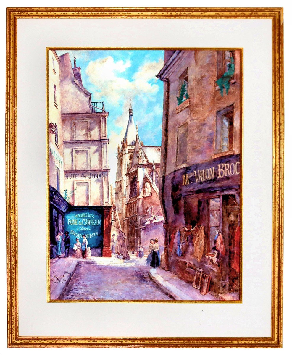 Bugnicourt (1868-1936) Large Watercolor Paris Busy Street In 1909-photo-2