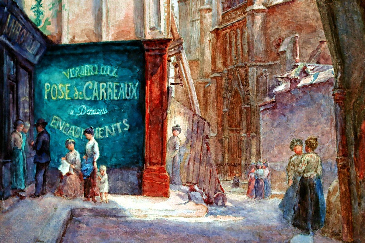 Bugnicourt (1868-1936) Large Watercolor Paris Busy Street In 1909-photo-4