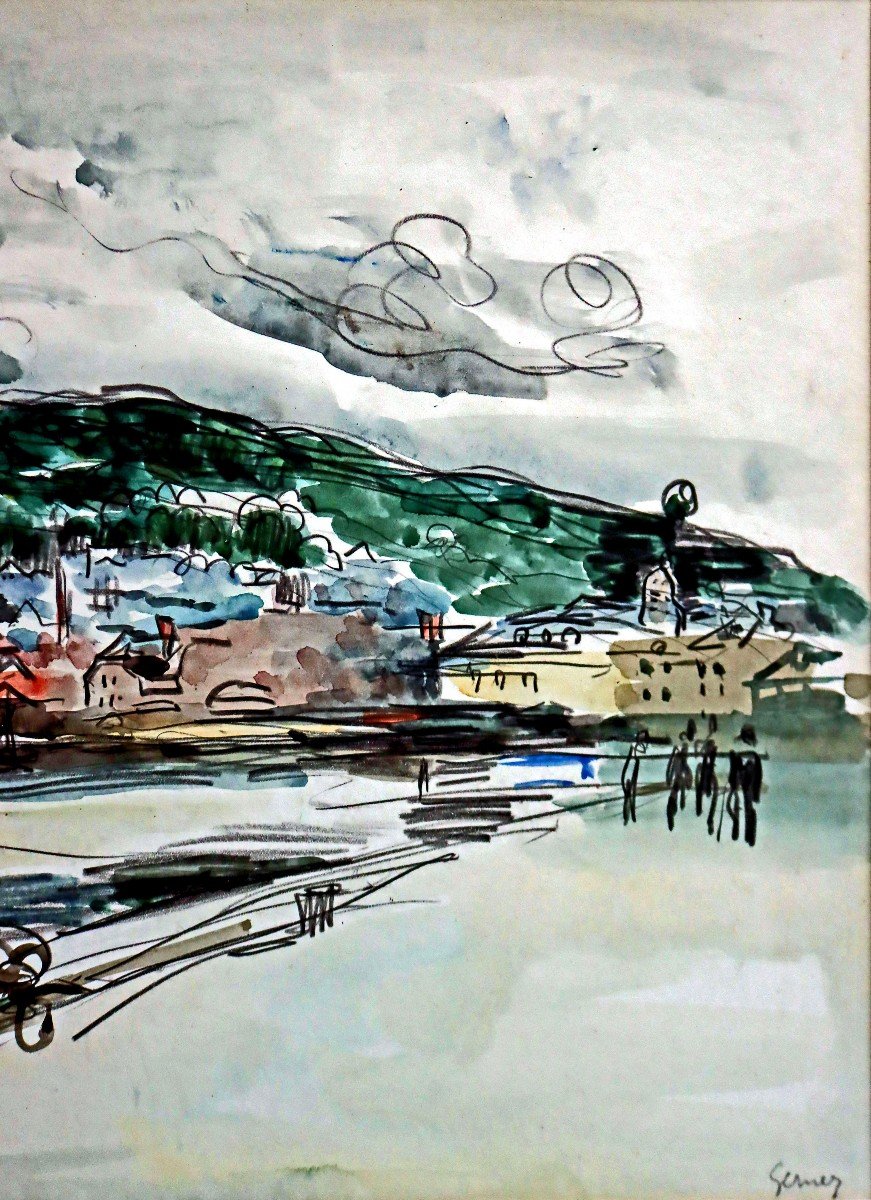 Paul Elie Gernez (1888-1948) Port Of Honfleur Drawing And Watercolor-photo-3