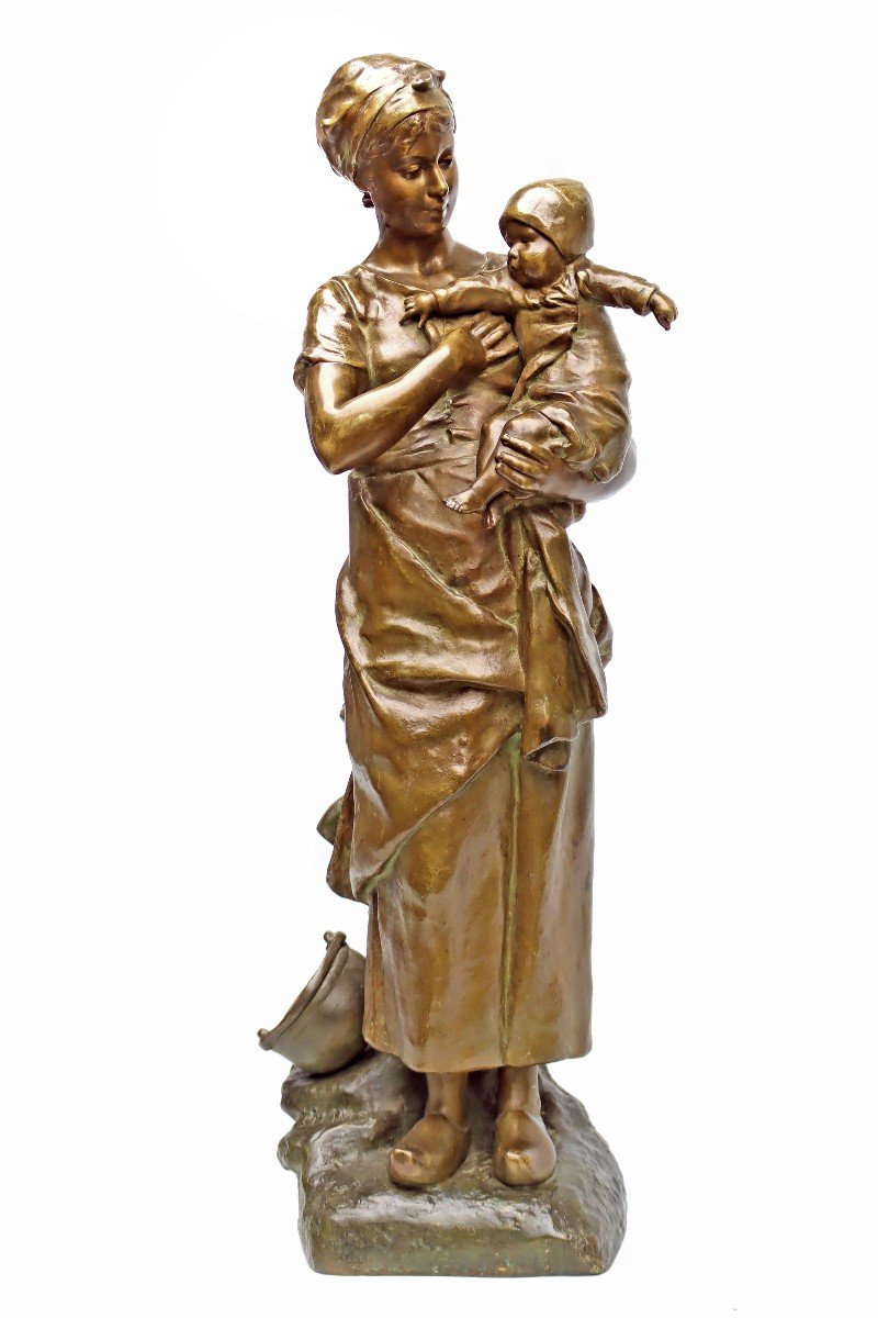 Léopold Steiner (1853-1899) Bronze 72 Cm Young Breton Woman And Her Child-photo-2