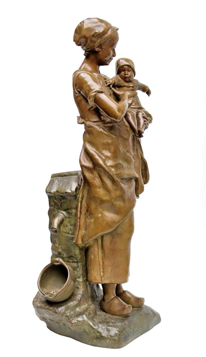 Léopold Steiner (1853-1899) Bronze 72 Cm Young Breton Woman And Her Child-photo-3