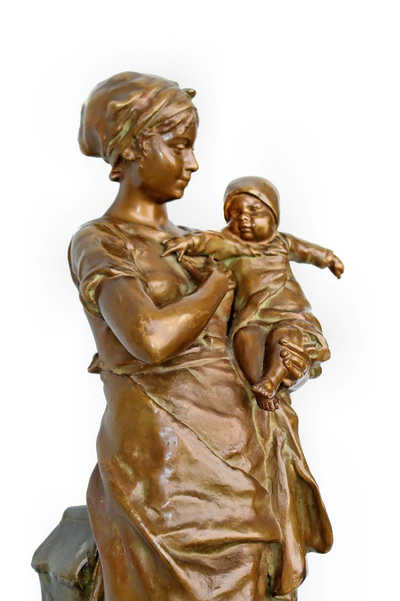 Léopold Steiner (1853-1899) Bronze 72 Cm Young Breton Woman And Her Child-photo-5