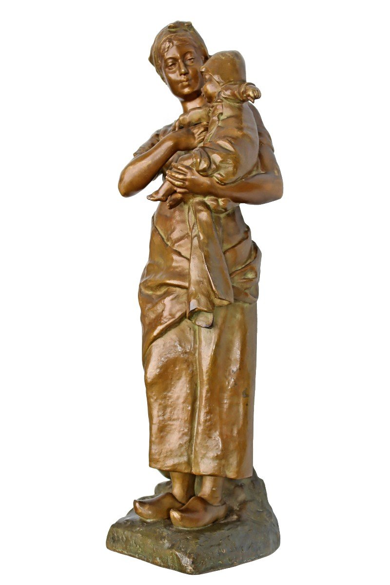 Léopold Steiner (1853-1899) Bronze 72 Cm Young Breton Woman And Her Child-photo-4