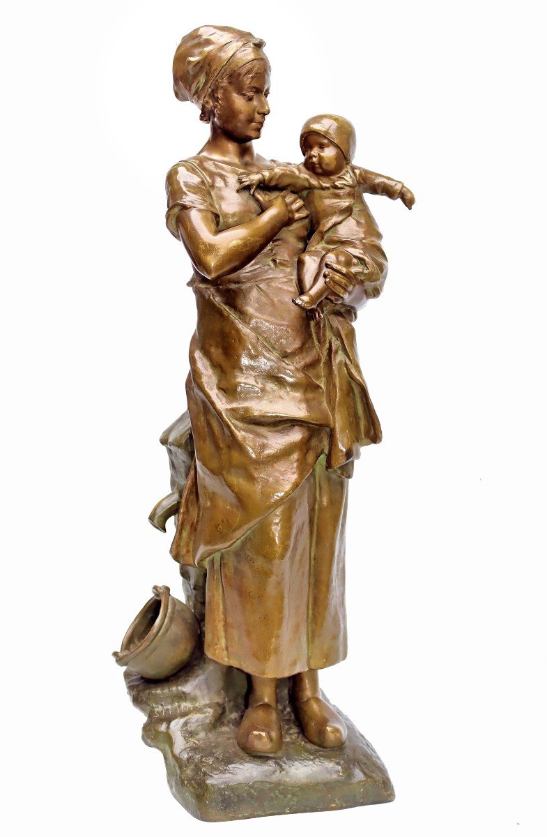 Léopold Steiner (1853-1899) Bronze 72 Cm Young Breton Woman And Her Child