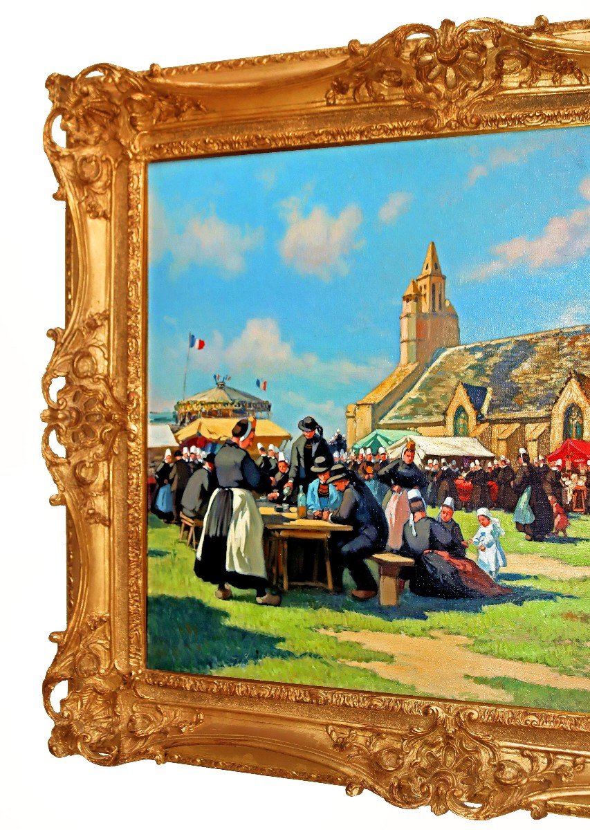 Henri BARNOIN (1882-1940) Grande Peinture Figurant une Fête Bretonne en Finistère-photo-2