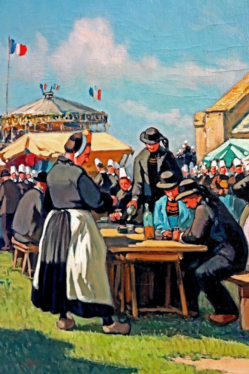 Henri BARNOIN (1882-1940) Grande Peinture Figurant une Fête Bretonne en Finistère-photo-4