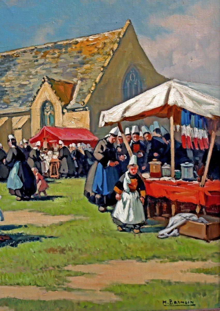 Henri BARNOIN (1882-1940) Grande Peinture Figurant une Fête Bretonne en Finistère-photo-5