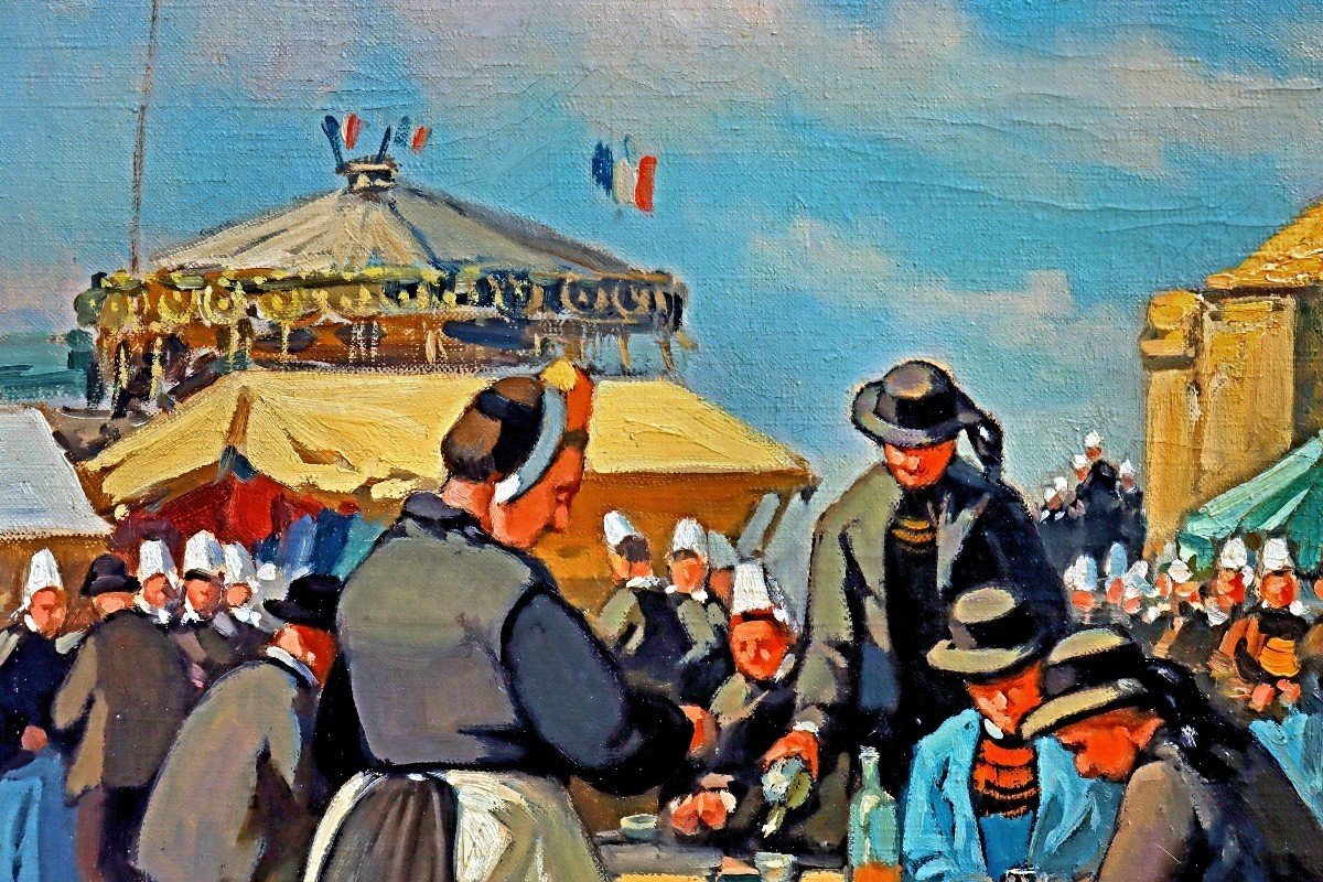 Henri BARNOIN (1882-1940) Grande Peinture Figurant une Fête Bretonne en Finistère-photo-7