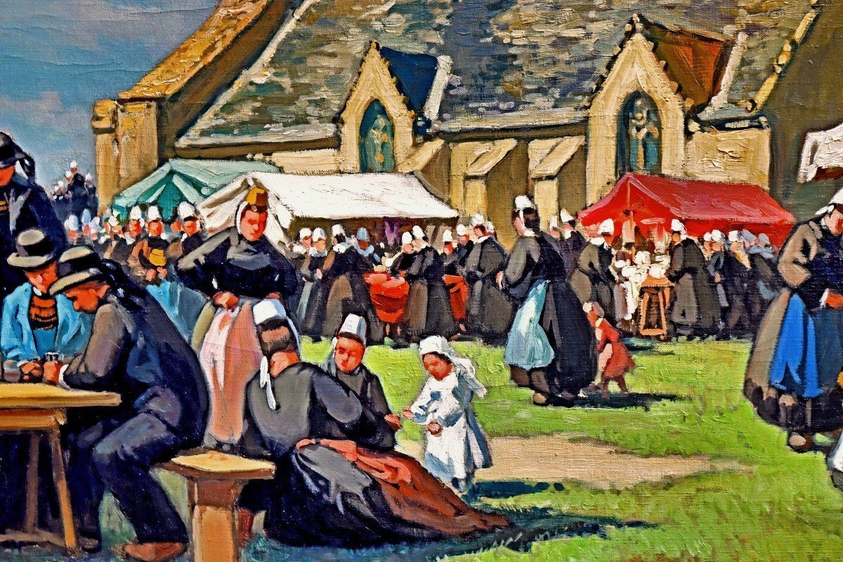 Henri BARNOIN (1882-1940) Grande Peinture Figurant une Fête Bretonne en Finistère-photo-8