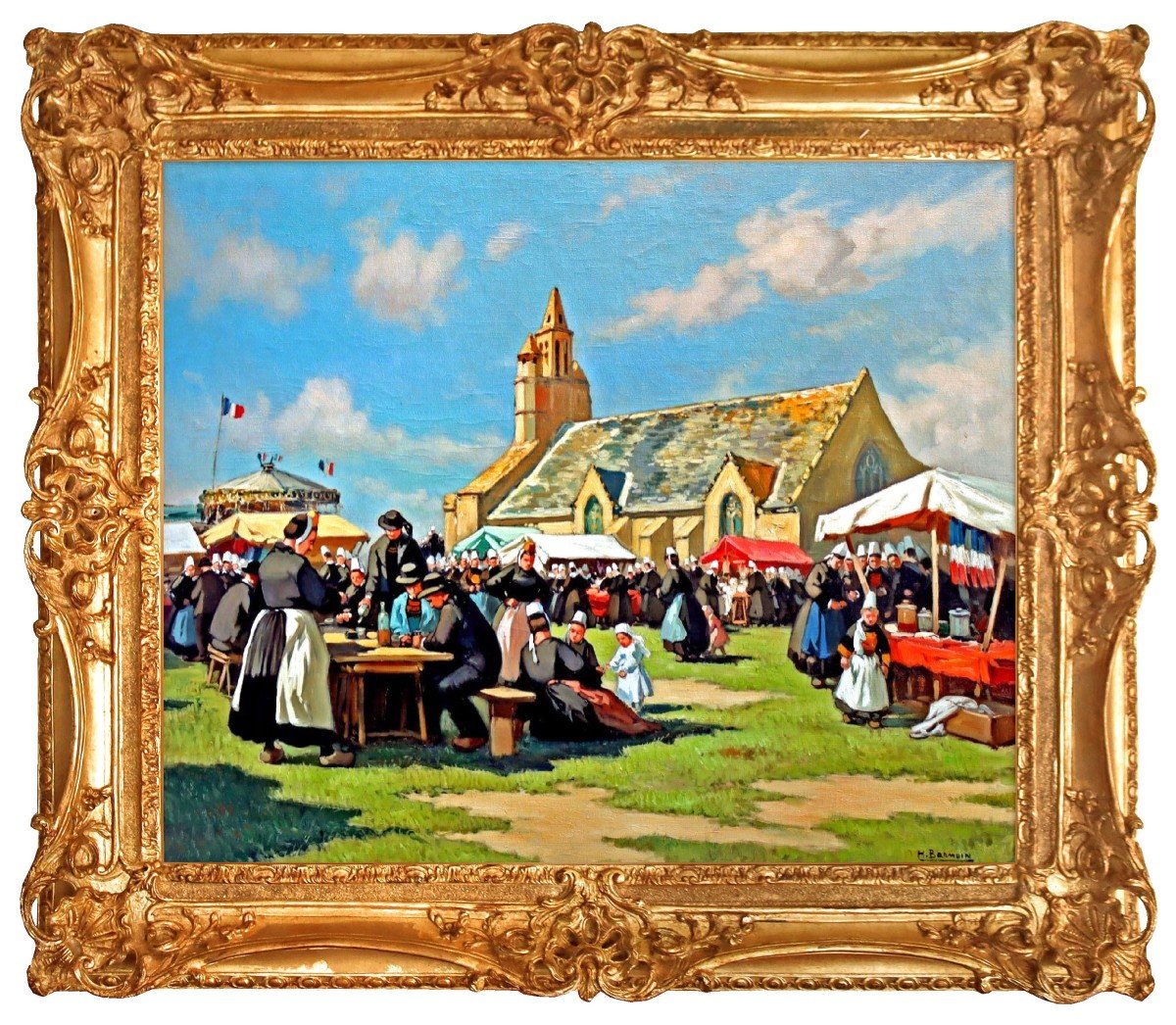 Henri BARNOIN (1882-1940) Grande Peinture Figurant une Fête Bretonne en Finistère