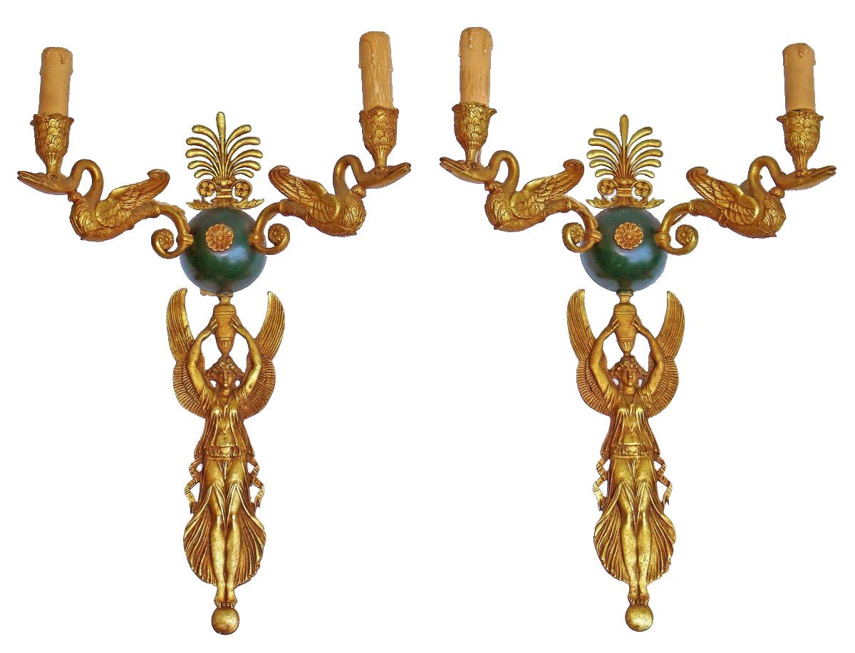 Pair Of Empire Wall Lights With Winged Victories In Gilt Bronze