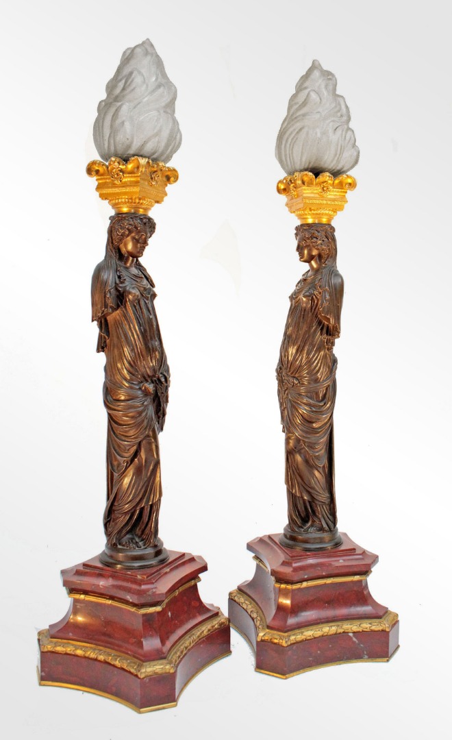 F. Barbedienne Paire de Lampes Torcheres en bronze XIXe-photo-2