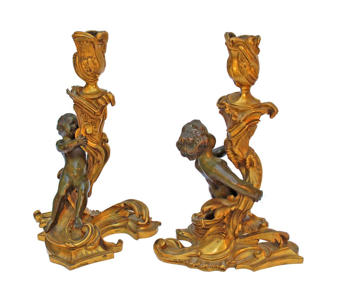 Pair Of Bronze Candlesticks After Just Aurèle Meissonnier (1695-1750)-photo-3