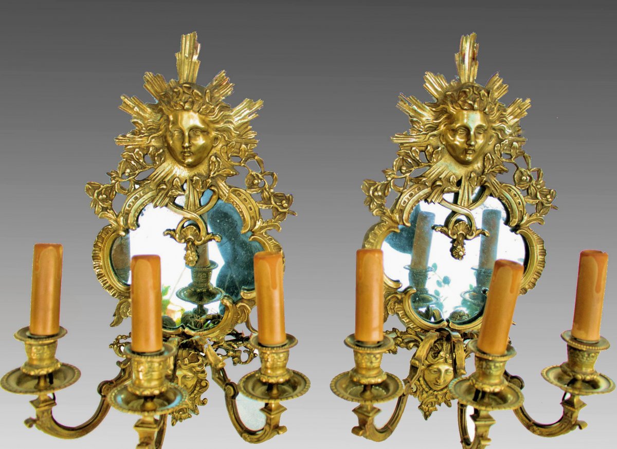 Pair Of Napoleon III Mirror Wall Lamps In Bronze-photo-4