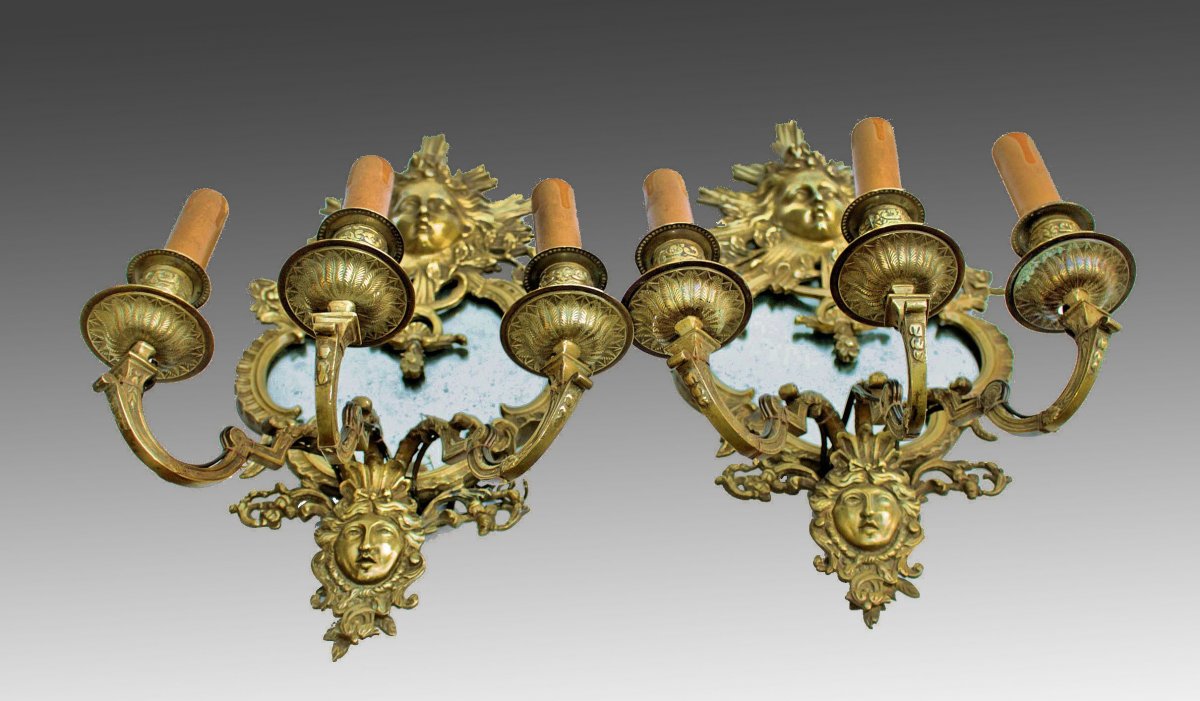 Pair Of Napoleon III Mirror Wall Lamps In Bronze-photo-7