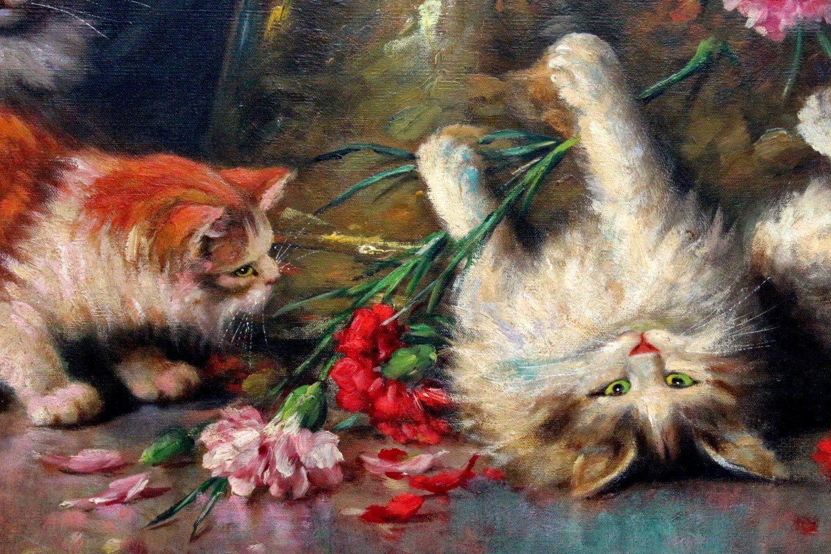 Léon Huber (1858-1928) Large Painting With Cats-photo-7