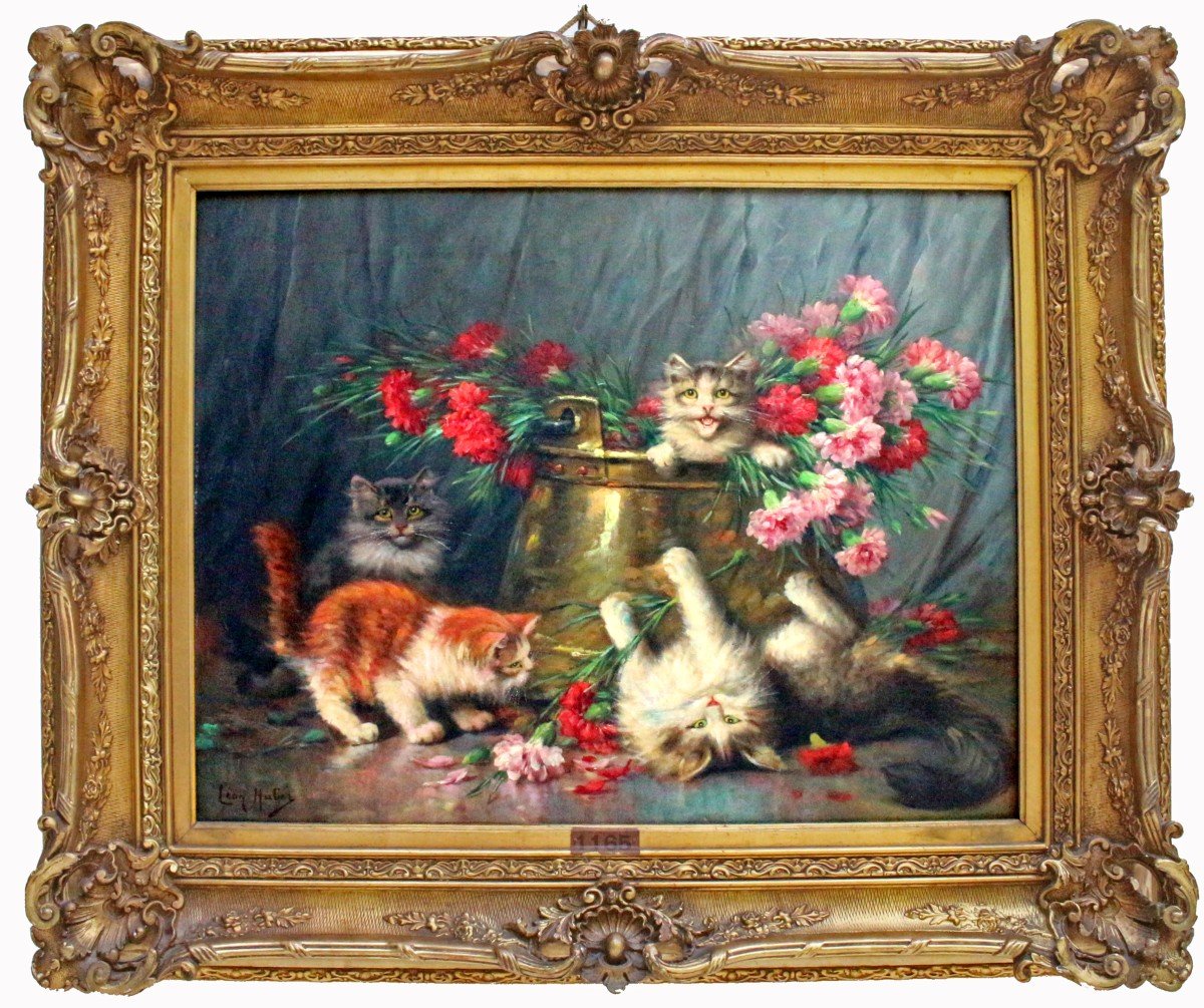 Léon Huber (1858-1928) Large Painting With Cats