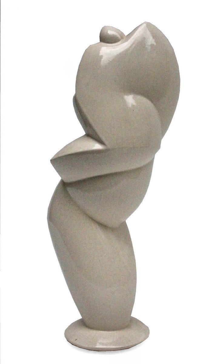 Cubist Sculpture "saxophonist" In Cracked Ceramic Signed Nr-photo-3