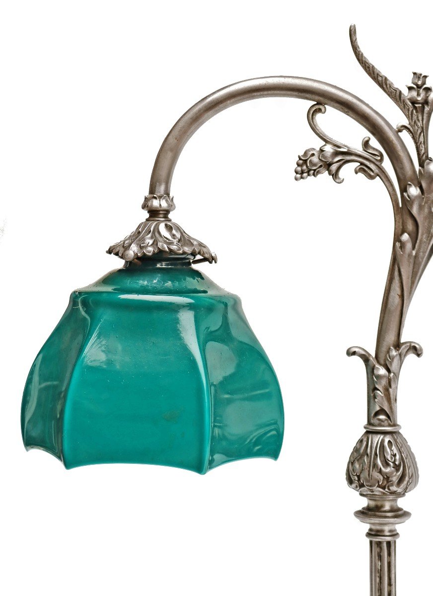 Large 1900 Table Lamp In Silvered Bronze And Opaline-photo-4