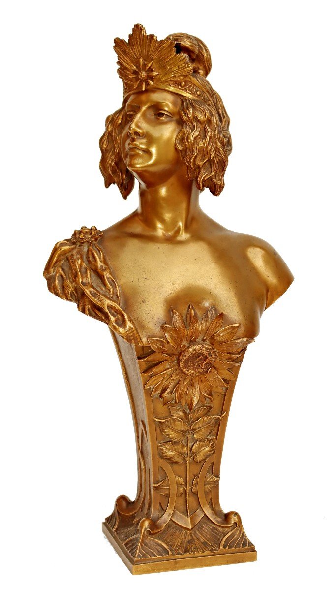 Louis Chalon (1866-1940) Large Bust 1900 In Gilt Bronze-photo-2