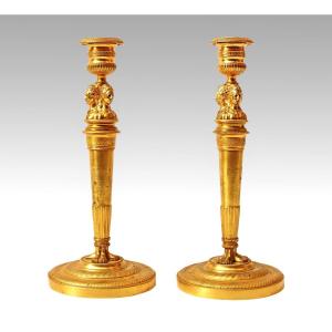 Pair Of Empire Candlesticks Called “aux Merveilleuses” In Gilt Bronze