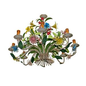 Grand Lustre Fleurs En Ferronnerie Peinte Vers 1950-60