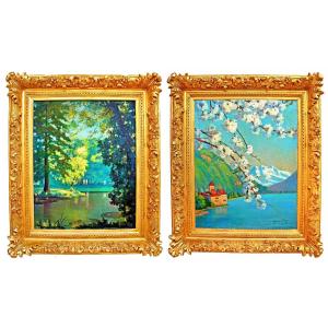 Yvonne Blin (20th Century) Pair Of Large Lake Landscape Paintings