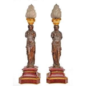 Barbedienne Pair Of Large 19th Century Bronze Caryatid Lamps 