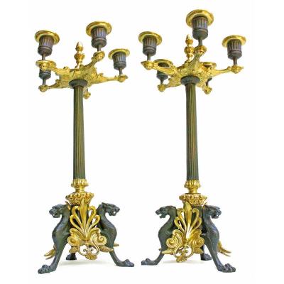 Pair Of Empire Bronze Candelabra With Griffins